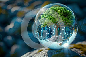 Ecological message tree within crystal ball, connecting nature and future