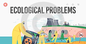 Ecological Problem Landing Page Template. Ocean Oil Pollution, Characters in Protective Suits and Masks Cleaning Beach