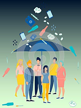 Ecological problem. People are hiding under an umbrella from bad habits. In minimalist style Cartoon flat Vector