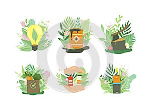 Ecological problems and alternative renewable energy sources set. Ecology and environmental protection cartoon vector