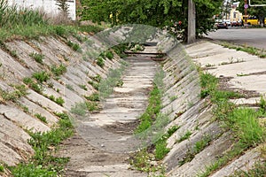 Ecological problems, global warming. Drought. Dry irrigation canal without water. Disaster, crop loss without water