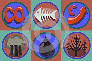 Ecological problems icon set. World pollution, global warming.