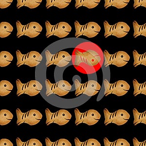 Ecological seamless pattern of fish cookies with red circle on black color