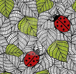 Ecological seamless pattern with green leaves and red bugs.