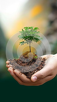 Ecological sentiment Human hand holds a tree in nature