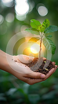 Ecological sentiment Human hand holds a tree in nature