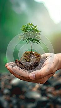 Ecological sentiment Human hand holds a tree in nature