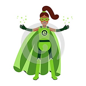 Ecological superhero black woman in green costume and ponytale, eco concept Illustration