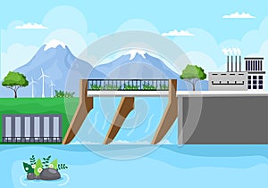 Ecological Sustainable Energy Supply Background Vector Flat Illustration Power Plant Station Buildings With Solar Panels or Gas