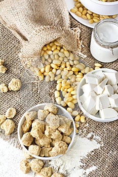 Ecological texturized soy meat with soy beans and tofu on rustic