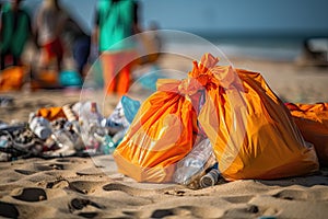 ecological volunteers collecting trash from the sand on the beach, environmental conservation concept