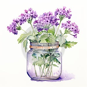 Ecological Watercolor: Purple Flowers In Vintage Jar