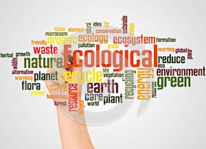 Ecological word cloud and hand with marker concept