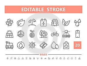 Ecology 20 line icons. Vector illustration in line style. Editable Stroke, 64x64, 256x256, Pixel Perfect.