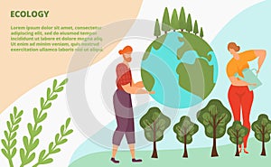 Ecology activist plants green tree concept landing page, ecocare cartoon vector illustration. Website online banner