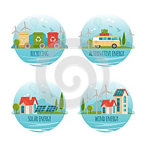 Ecology, alternative energy, green technology, organic, bio design concept. Vector cartoon banners