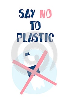 Ecology banner with bottle and text Say no to plastic. Vector poster