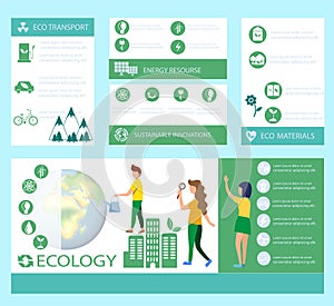 Ecology banner set template Vector. Earth, energy, Eco transport and sustainable materials. Green info graphic icons