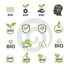 Ecology and bio in green color icons set vector