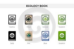 Ecology book icon in different style. Ecology book vector icons designed in outline, solid, colored, filled, gradient, and flat