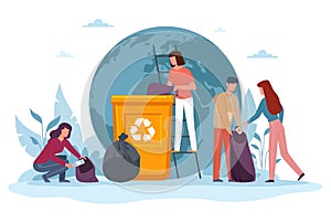 Ecology cartoon people banner. Eco volunteers women and men cleanse Earth from pollution, garbage sorting in trash can