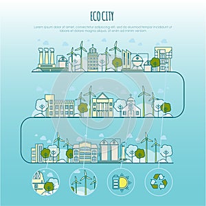 Ecology city infographic. Vector template with thin line icons of eco farm technology, sustainability of local
