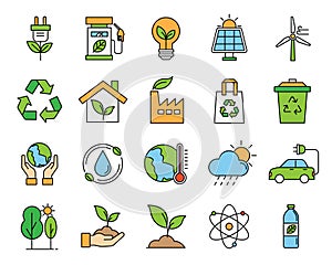 ecology color line icon set on white background. environment and renewable energy outline symbol. sustainable resources nature.