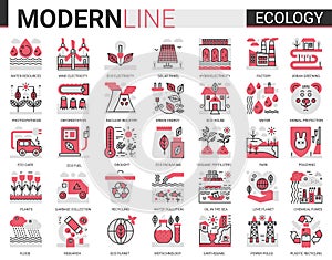 Ecology complex flat line icon vector illustration set. Red black design collection of ecosystem environmental resource