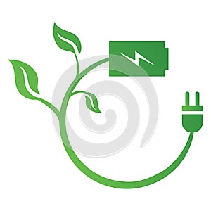 Ecology concept with battery, plug and leaves. Save energy icon sign symbol. Recycle logo. Vector illustration for any design