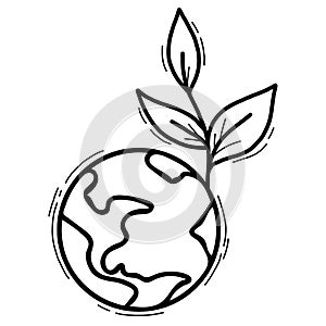 Ecology concept. Clean planet earth with sprout and leaves. Vector illustration. Linear hand drawn doodle isolated on white