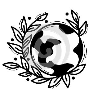 Ecology concept Clean planet. planet earth with sprout and leaves. Vector illustration. Linear hand drawn doodle isolated on white