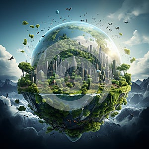 Ecology concept. Earth globe with green city on the cloudy sky background Ai generative