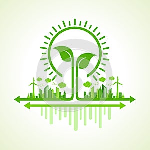 Ecology Concept - eco cityscape with leaf and bulb