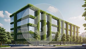 Ecology Concept : Eco-friendly building in the modern city. Sustainable glass office building with tree for reducing carbon