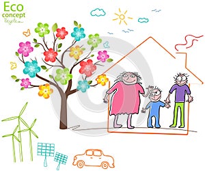 Ecology concept. Environmentally friendly world. Creative drawing on global environment with happy family stories