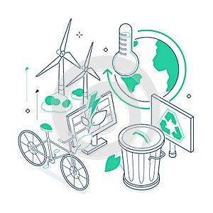Ecology concept - green and black isometric line illustration