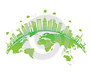 Ecology concept with green city on earth. World environment and sustainable development. Vector illustration in flat design.