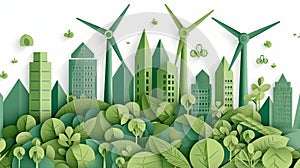 Ecology concept with green city and wind turbines. Paper cut style. Vector illustration. Generative AI