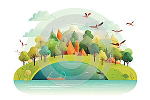 Ecology concept with green planet and trees. Vector flat illustration AI generated