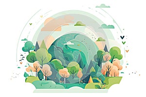 Ecology concept with green planet and trees. Vector flat illustration AI generated