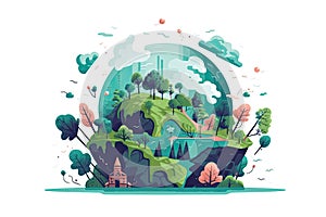 Ecology concept with green planet and trees. Vector flat illustration AI generated