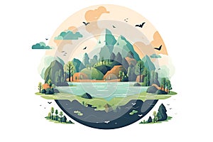 Ecology concept with green planet and trees. Vector flat illustration AI generated