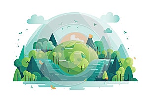 Ecology concept with green planet and trees. Vector flat illustration AI generated