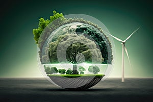 Ecology concept with green planet and wind turbines