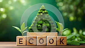 Ecology concept, green tree in the shape of a house and word eco