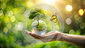 Ecology concept. Hand holding a globe with tree and butterfly on bokeh background
