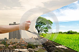 Ecology Concept Hand pull Invade the forest a building photo