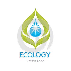 Ecology Concept Illustration - Abstract Vector Logo Sign Template. Leaves and drop illustration.