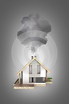 Ecology concept Illustration of pollution by exhaust gases Modern house producing a lot of smoke isolated on black gradient