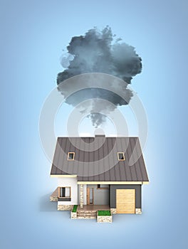 Ecology concept Illustration of pollution by exhaust gases Modern house producing a lot of smoke isolated on blue gradient